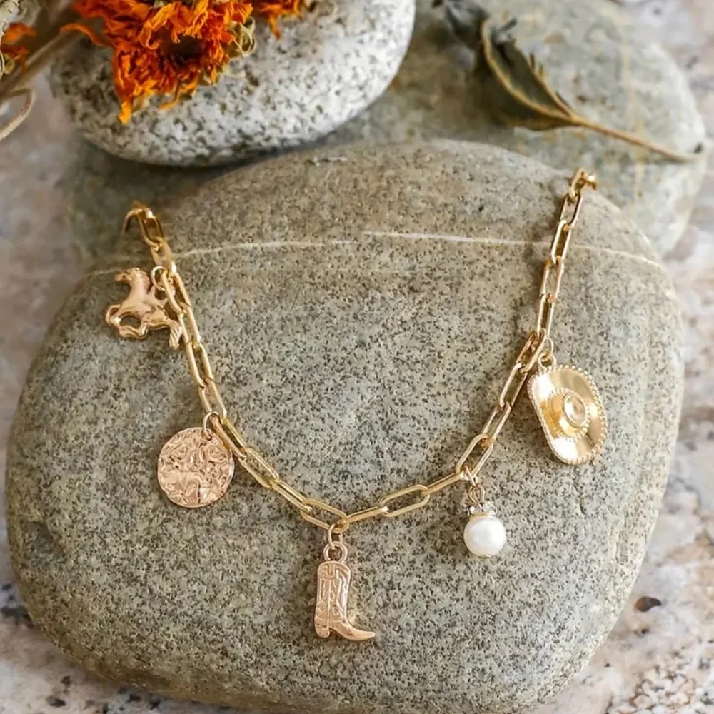 NEW Gold Charm Necklace with Western Cowboy Bohemian Accents